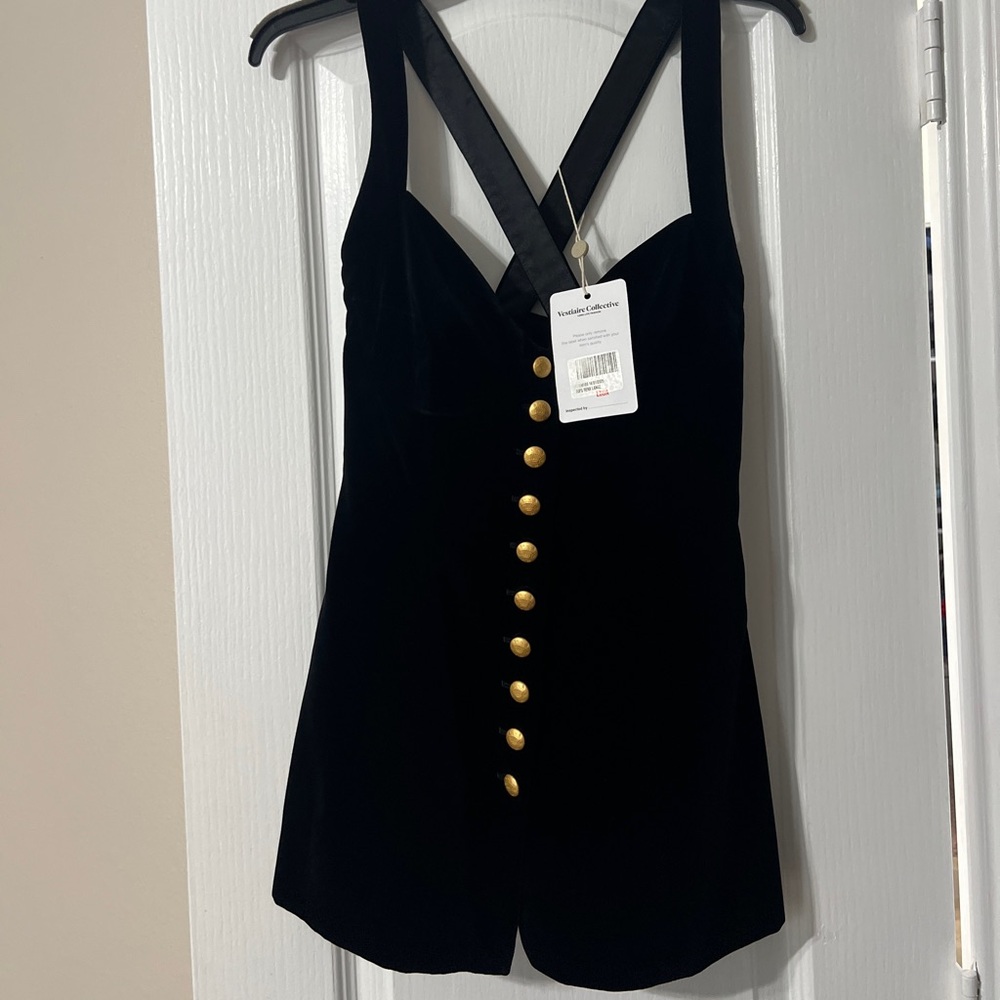Rena Lange Black Velvet Top with Gold Button Placket